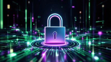Futuristic glowing padlock on abstract digital background. Perfect for illustrating cybersecurity, data protection, or online safety concepts. High-quality 3D rendering