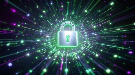 Futuristic glowing padlock on abstract digital background. Perfect for illustrating cybersecurity, data protection, or online safety concepts. High-quality 3D rendering