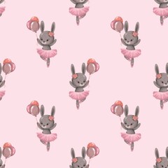 Seamless pattern cute bunny ballerina, ballet with balloons. Watercolor style. Baby shower. Baby, newborn, kids, children background, Textile, fabric, paper, clothes, greeting card design.