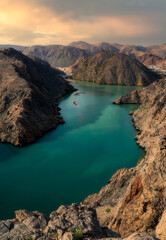An aerial view of Bandar Al Khairan, Beautiful landscape with mountains and sea. Most popular place for vacation, holiday and adventure. best tourist spot near the Muscat for traveler. Oman.