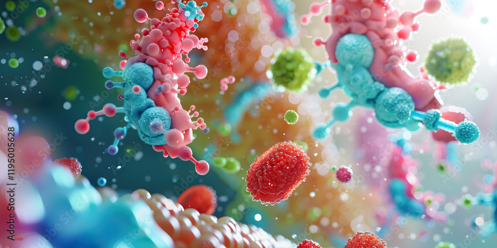 Poster digital illustration of multicolored spherical particles and virus-like structures