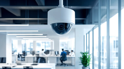 A modern office space featuring a ceiling-mounted security camera overlooking workstations and natural light-filled areas.