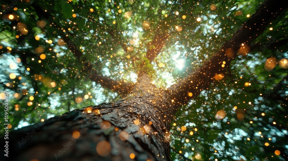 Poster majestic view of a towering tree with sunlight filtering through green leaves and shimmering particl