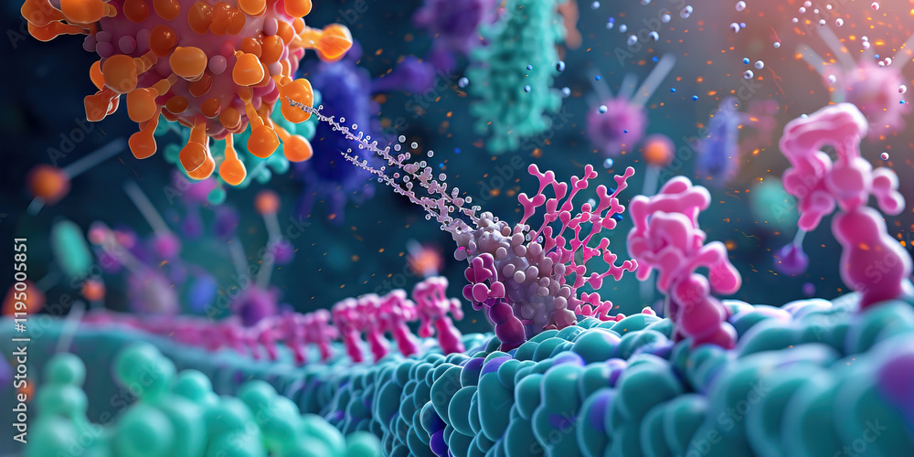 Poster viral binding to cell membrane: 3d microscopic rendering