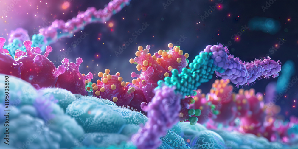 Poster 3d rendering: viruses and dna strands interaction