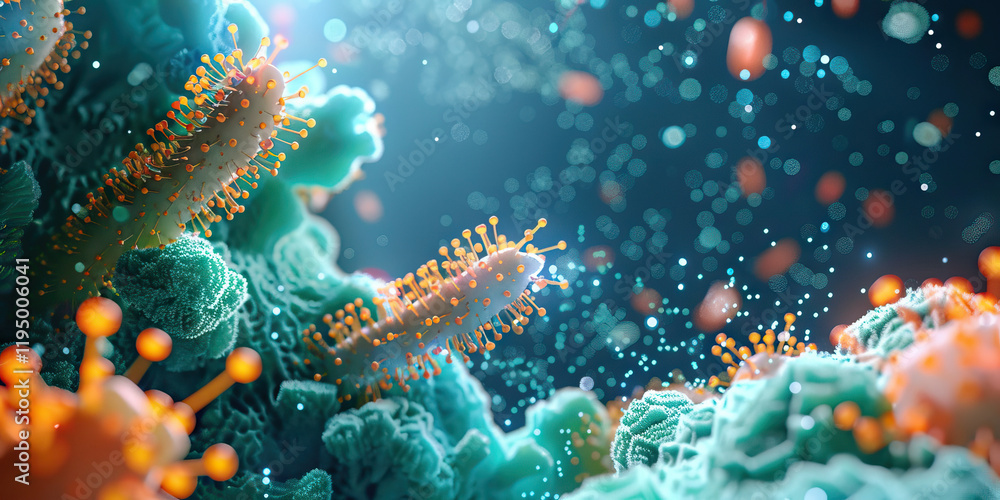 Poster digital rendering of viruses infecting a cell