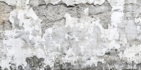 Fototapeta premium Weathered concrete wall texture with peeling paint in shades of gray and white, featuring cracks and rough surfaces throughout the background.