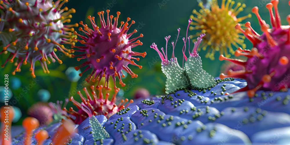 Poster three-dimensional rendering of viruses and cell surface
