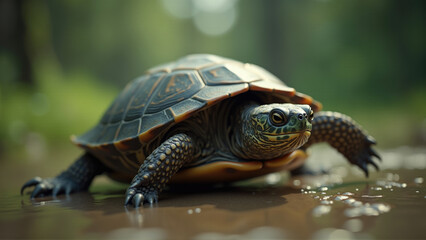 Fototapeta premium Turtle exploring a tranquil forest stream on a sunny afternoon in a natural habitat setting