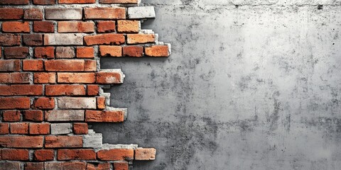 Textured backdrop of exposed red brick and gray cement wall with partial plaster, ideal for graphic overlay in modern design projects.