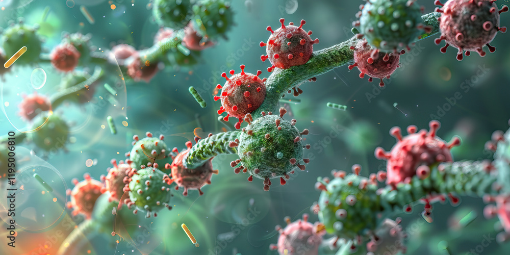 Aufkleber microscopic rendering of viruses and bacteria on filamentous structure