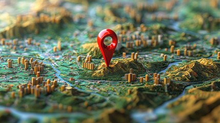 Location Pin on a Detailed 3D Map Illustrating Urban and Natural Landscapes