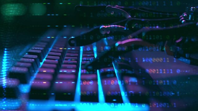 Robot hand typing with code reflected around. Software development with ai support and pair programming