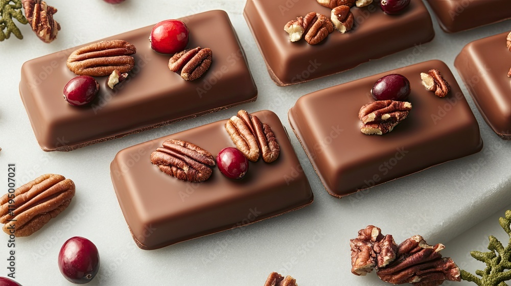 Poster artistic display of chocolate bars with pecans and cranberries on a soft white marble surface, top v