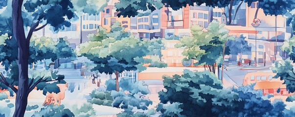 Frontal view of a mystical forest infused into a bustling city street