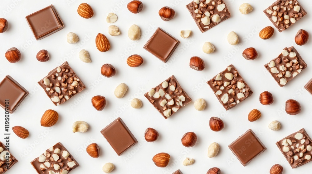 Poster artistic layout of chocolate bars with hazelnuts and almonds scattered on a clean white surface, per