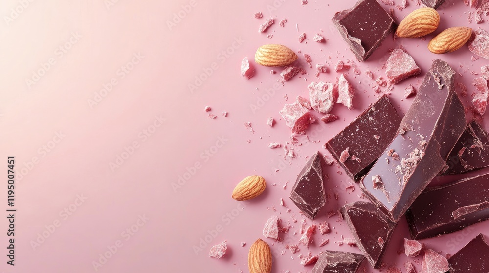 Poster artistic layout of ruby chocolate pieces and whole almonds, scattered on a pastel rose background wi