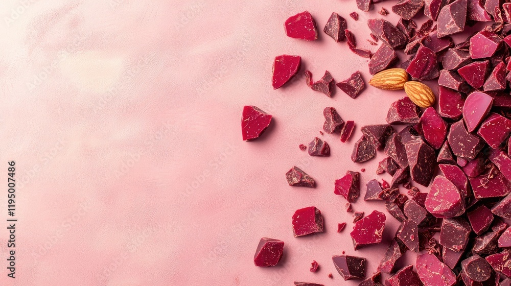 Poster artistic layout of ruby chocolate pieces and whole almonds, scattered on a pastel rose background wi