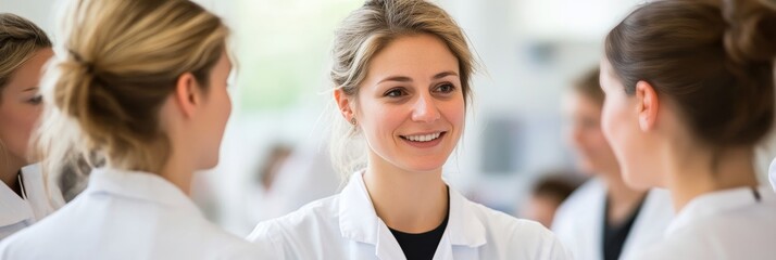 Collaborative Lab Young. Female Scientist In Focus While Teamwork Drives Medical Research