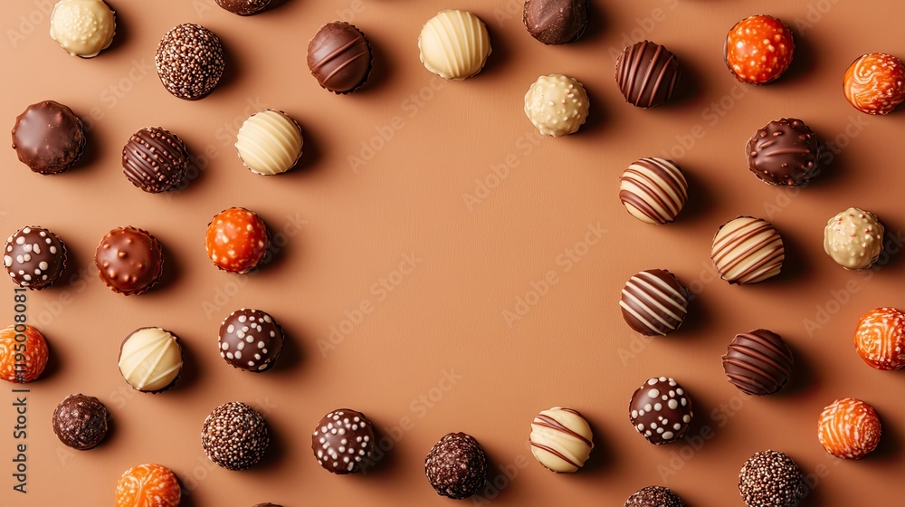 Poster assorted chocolate candies arranged in a circular pattern on a matte brown background, top view with