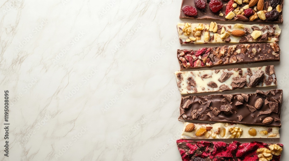 Poster assorted ruby chocolate barks with nuts and dried fruit displayed on a marble-textured surface, leav