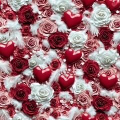 Decorative Layout of Red Hearts and Pink Rose Blossoms with Aesthetic Frame for Celebratory Themes and Chinese New Year Visuals