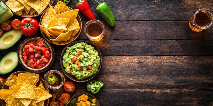 Vibrant Mexican cuisine spread with guacamole, nachos, salsa, tomatoes, peppers, and tequila shots on rustic wooden table top, ample space for text