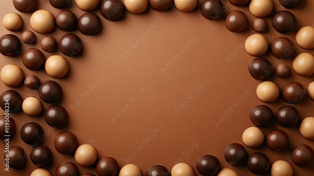 Poster assorted chocolate candies arranged in a circular pattern on a matte brown background, top view with