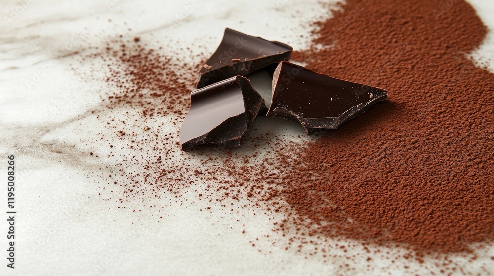 Poster a broken dark chocolate bar with jagged edges, resting on a marble slab with cocoa powder dusted aro