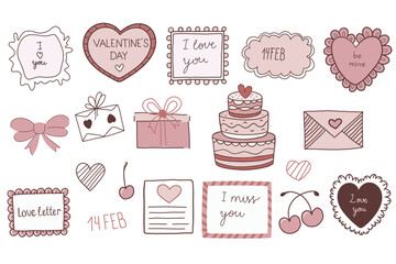 Set Hand drawn elements for Valentines day. romantic elements including hearts, gifts, and love notes in pink tones.
