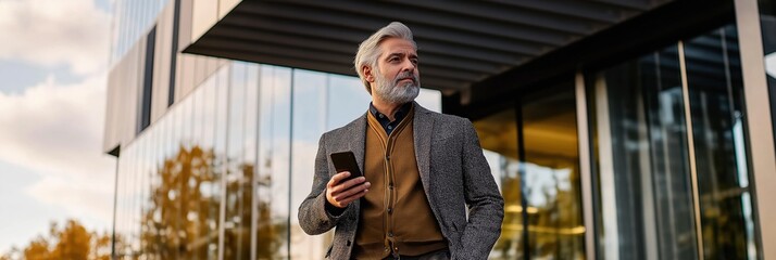 A man in a suit is walking down the street while holding a cell phone. Concept of modernity and technology, as the man is using his phone while walking