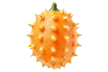 A vibrant kiwano horned melon with orange skin and green spikes, isolated on white transparent background. Exotic fruit concept, tropical and healthy