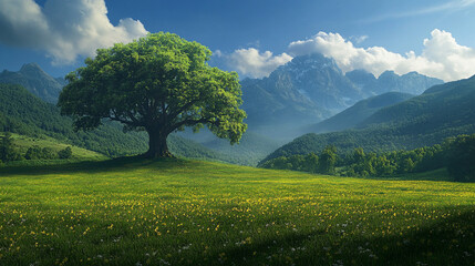 Lone Tree on a Hill with Mountains for Scenic and Nature Landscape Themes