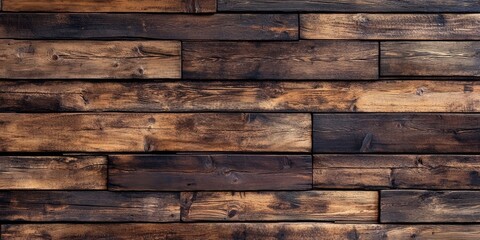 Authentic dark brown wooden wall with textured planks arranged horizontally showcasing natural wood grain and variations in hue.