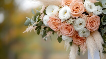 wedding floral decor, a romantic wedding under a floral canopy with boho bouquets of soft pampas grass and muted blooms creating an intimate ceremony