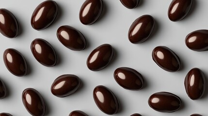 Fototapeta premium A collection of glossy chocolate bonbons scattered on a clean, seamless grey background.