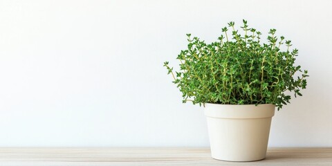 Aromatic green thyme in a white pot on a light wooden table against a clean white background ideal for text placement and culinary uses