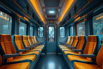 Fototapeta premium Empty train carriage during early morning commute with vibrant orange seating and modern design