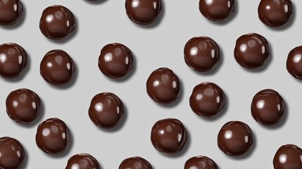 Fototapeta premium A collection of glossy chocolate bonbons scattered on a clean, seamless grey background.