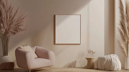Serene living room with a canvas frame mockup on a neutral-colored wall and minimalist decor