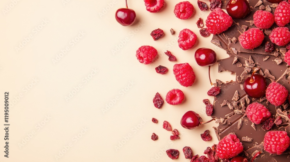 Poster a composition of ruby chocolate bark with raspberries and dried cherries scattered on a light beige 