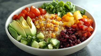 Colorful quinoa bowl with avocado, tomatoes, cucumbers, peppers, and olives.