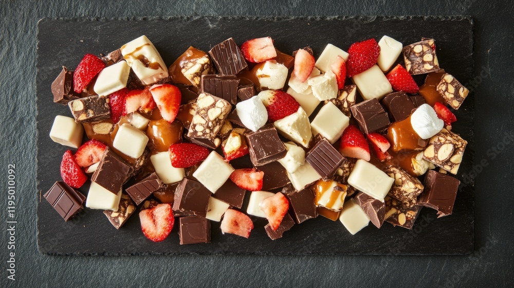 Poster a premium display of chocolate pralines with caramel and fruit toppings on a rustic dark slate surfa