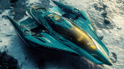 A futuristic teal design with sharp angles and dynamic movement, combining elegance with innovation.