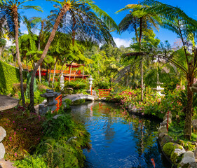 Japanese Monte Palace tropical garden in Funchal on Madeira with greenery, red bridges, and a koi...