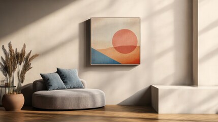 Serene living room with a canvas frame mockup on a neutral-colored wall and minimalist decor