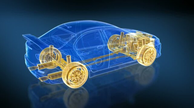 Car and Chassis X-ray/ Blueprint. 360 loopable animation HD. 

