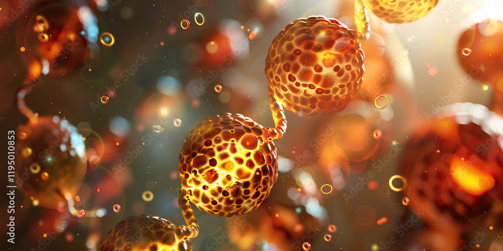 Poster microscopic image of cellular chain with background spheres