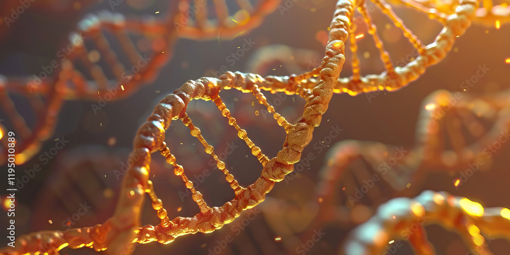 Poster digital rendering of multiple gold-colored dna double helices