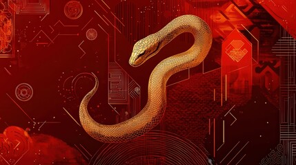 A modern Chinese New Year 2025 greeting card with a sleek gold snake silhouette layered over intricate geometric patterns,